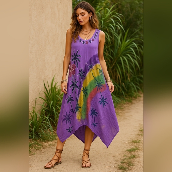 Eternia Dresses & Skirts - Eternia Tie Dye Palm Tree Dress Purple‎ Free Size Rayon Gauze Boho Festival...